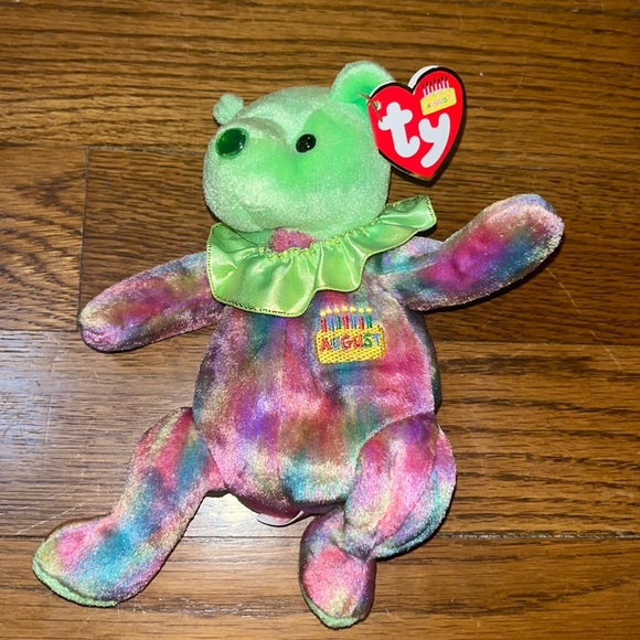 2001 RETIRED TY BEANIE BABY~AUGUST THE PERIDOT HAPPY BIRTHDAY TEDDY BEAR 8"~NEW - Picture 1 of 12